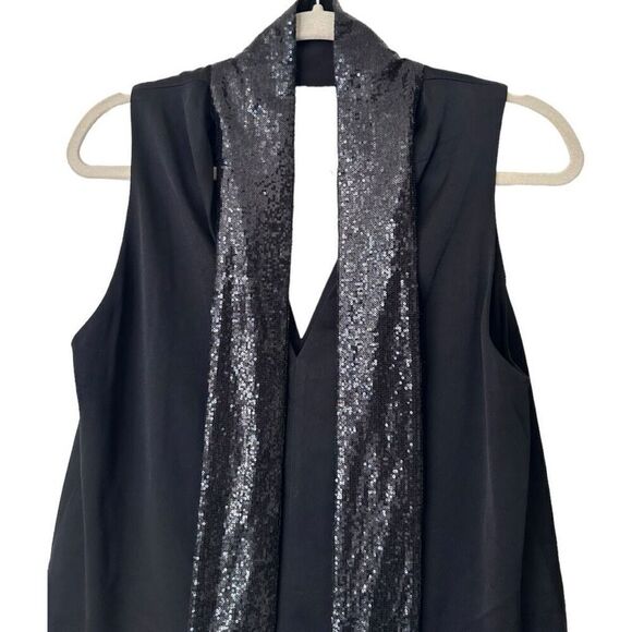 Galvan London Black Soft Crepe V-Neck Sequin Scarf Sleeveless Cortado Top Size 8 - Picture 4 of 14